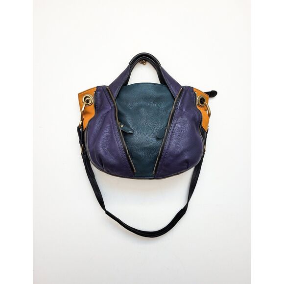 Purple Green COLORBLOCK Leather ORYANY Y2K Satchel Brass Zipper Jumbo Purse - Picture 1 of 10